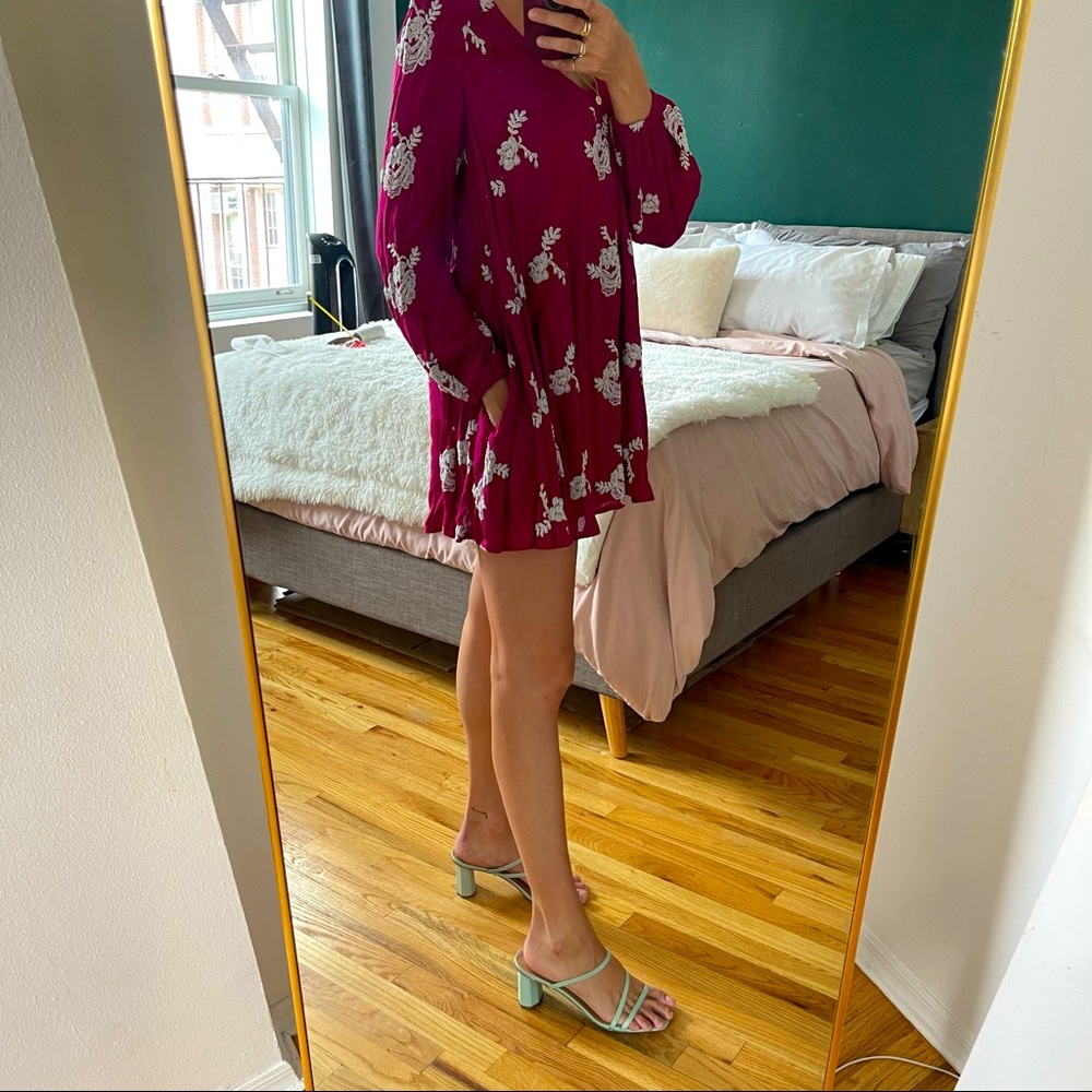 Free People Embroidered Austin Dress Berry Purple & White Long Sleeve Mini